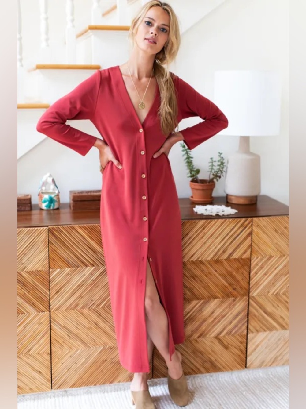 Emerson Fry Long V-Neck Maxi Dress In Spice Size: Small